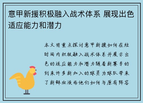 意甲新援积极融入战术体系 展现出色适应能力和潜力