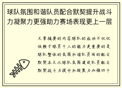 球队氛围和谐队员配合默契提升战斗力凝聚力更强助力赛场表现更上一层楼