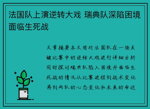法国队上演逆转大戏 瑞典队深陷困境面临生死战