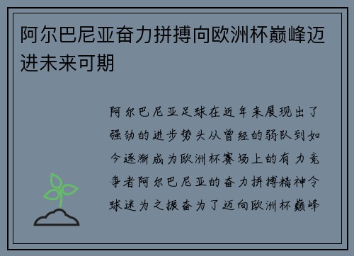 阿尔巴尼亚奋力拼搏向欧洲杯巅峰迈进未来可期