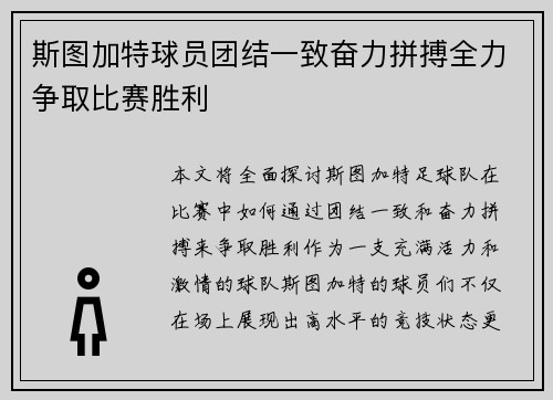 斯图加特球员团结一致奋力拼搏全力争取比赛胜利